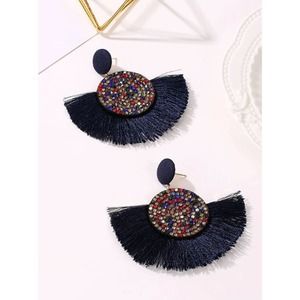 Blue Tassel Earrings, Blue Rhinestone, Bohemian